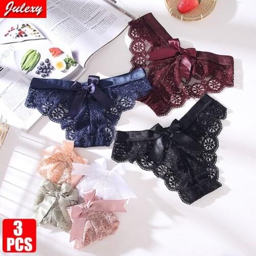 3pcs/set Julexy New Sexy Lace Hollow Out Big Bow Women Lingerie Cute Girls Underwear Seamless Panties G-string Thongs