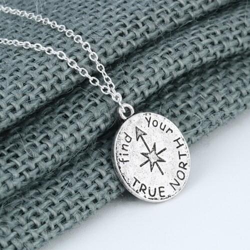 Antique Silver Plated Find Your True North Pendant Necklace Inspirational Compass Graduation Gift for Kids Long Chain Collares