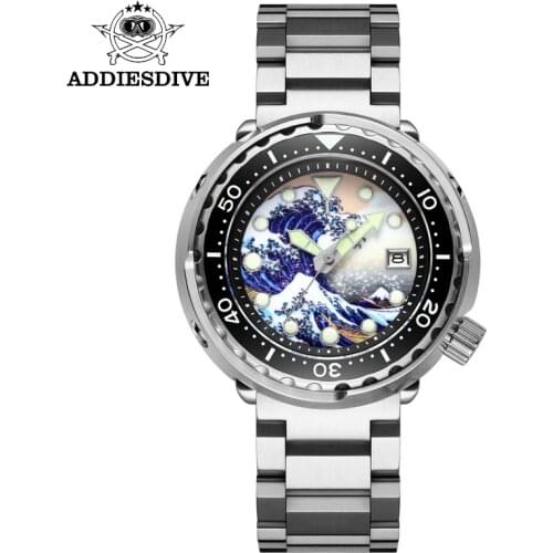 ADDIES Tuna Automatic Dive Watch NH35 Sapphire Kanagawa Surfing 3D Full Luminous Dial Mechanical Watch Men 300M Diver Watch