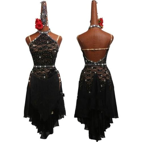 Shiny Rhinestones Women Latin Dance Skirt Performance Costumes High-end Black Lace Tassel Latin Dance Dress Competition Clothing