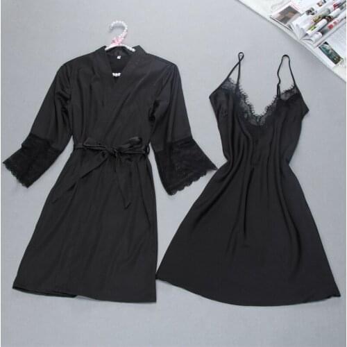 Brand sexy womens robe & gown sets twinest bathrobe + mini night dress two pieces sleepwear womens sleep set faux silk