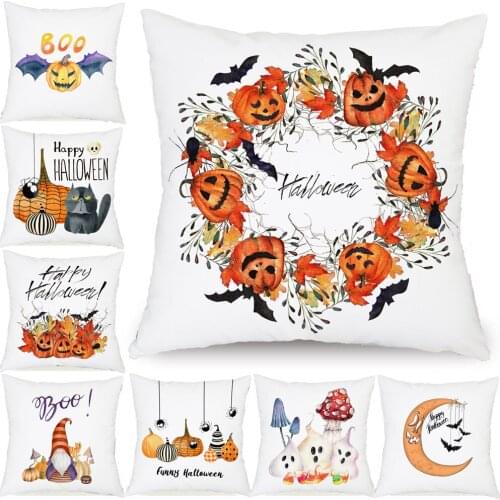 Happy Halloween Cushion Cover Pumpkin Spider Hand Painting Decor Pillow Case White Polyester Sofa Pillowcase Decoration 45X45cm
