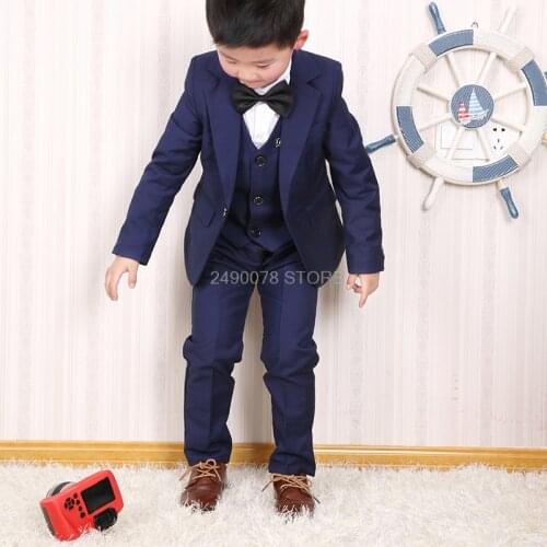 Gentleman Kids Formal Tuxedos Jacket Vest Pants 3Pcs Flower Boys Suit For Wedding Children Performance Party Dress Costume