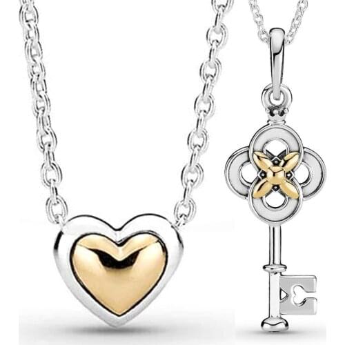 100% 925 Sterling Silver Gold Color Key & Flower Domed Golden Heart Collier Necklace Fit Pandora Bead Charm Diy Jewelry