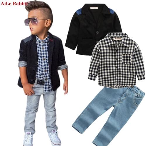 AiLe Rabbit Autumn New Boys Clothing Sets Jacket Shirts Jeans 3pcs Suits Denim Plaid Clothing Kids Long-sleeved Coat k1