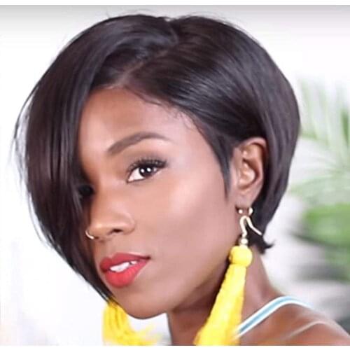 The Short Cut Bob Pixie Wigs Non Lace Front Human Hair Wigs With Bangs For Black Women Full Machine Made Remy Brazilian