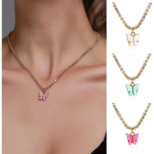 Fashion Mix Color Butterfly Necklace for Women Girls Crystal Chain Acrylic Butterfly Statement Necklaces Shine Jewelry Bling