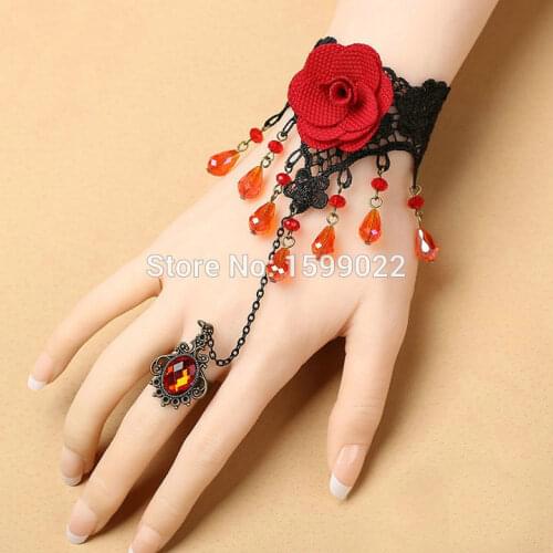 Fashion Gothic Vampire Hand Bracelet with Ring Attached Red Rose Flower Grass Crystal Pendant Lace Jewelry Women Birthday Gifts