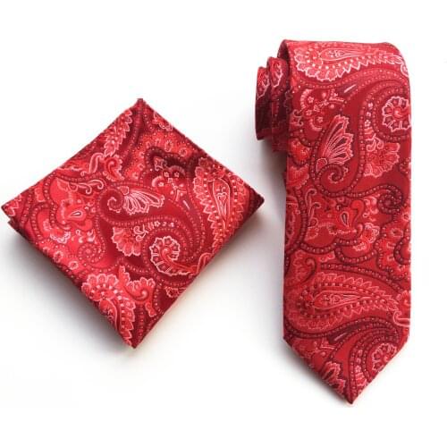 Men Necktie Set Red Paisley Ties Pocket Square Sets for Wedding