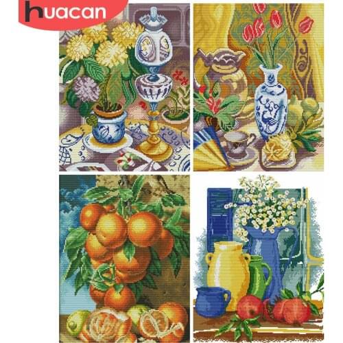 HUACAN Embroidery Food Sets White Canvas Needlework Cross Stitch Fruit Kits 11CT 14CT DIY Gift Home Decoration