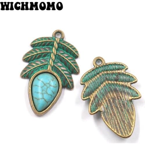 New 10pieces/bag Zinc Alloy Leaves Feather Inset with Acrylic Bead Charms Pendants for DIY Earrings Necklace Jewelry Accessories