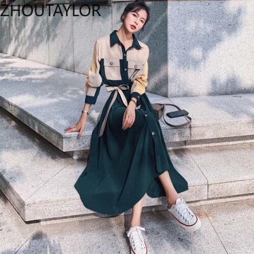 ZHOUTAYLOR Woman Dress Fashion Femme Dresses Mid-Calf Turn-down Collar Summer Full Sleeve Single Breasted Female Vestidos S0237