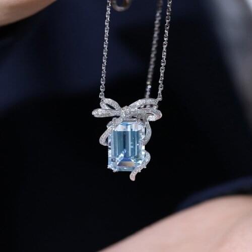 ZHOUYANG Bow Gift Pendant Necklace For Girls Aesthetic Blue Crystal Womens Neck Chain Free Shipping Wholesale Jewelry KBN327