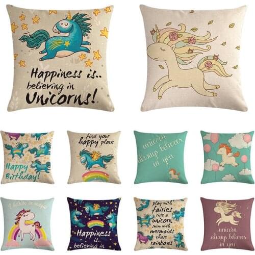 Cartoon Linen Unicorn Horse Cushion Covers Children Birthday Gift Home/Office Decor Throw Pillowcase 45x45cm Pillow Case ZY1019