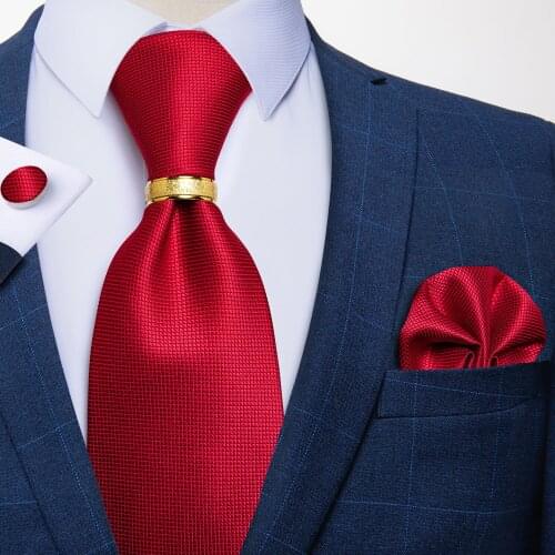 Luxury 8cm Red Sold Mens Ties Fashion Business Necktie Wedding Party Ties Pocket Square Cufflinks Necktie Ring Set DiBanGu