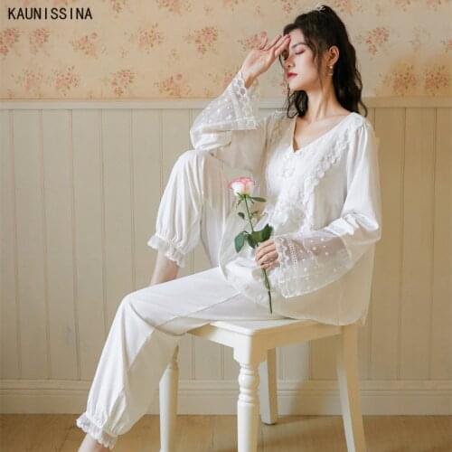 Spring Autumn Cotton Womens Pajamas Sets V-neck Long Sleeve Sweet Lace Princess Style White Pajama Home Loose Sleepwear Suits