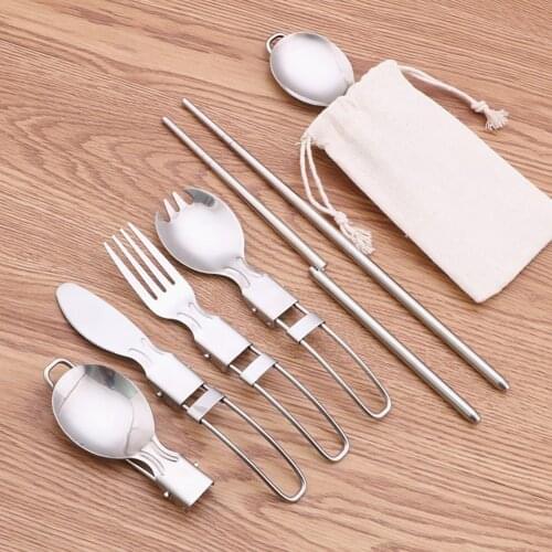 Stainless Steel Foldable Camping Spoon Fork Chopsticks Flatware Utensil Bags Outdoor Picnic Cutlery Sets
