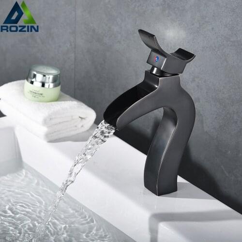 Bronze Black Waterfall Basin Faucet Deck Mounted Bathroom Vanity Sink Mixers Single Handle Cold Hot Crane Tap