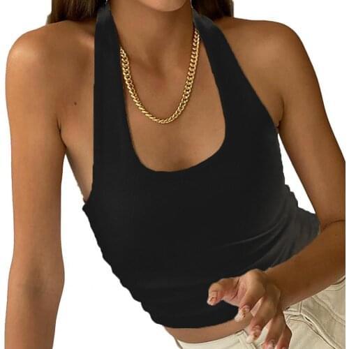 Summer Ladies Vest Solid Color Knitted T-shirt Women Sexy Sleeveless Backless Halter Slim Tanks Tops Streetwear топик женский