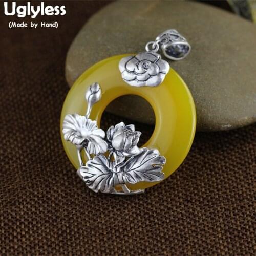 Uglyless Solid 925 Silver Floral Lotus Pendants for Women Ethnic Thai Silver Leaves Necklaces NO Chains Chalcedony Jewelry P1157