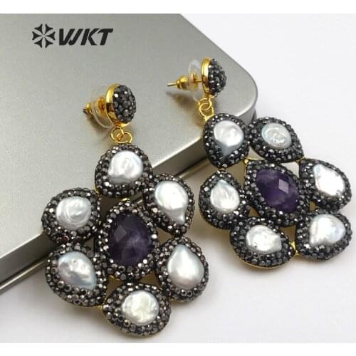 WT-RE077 WKT New cute romantic style flower shape pearl earrings with natural stone high quality rhinestones paved into earrings