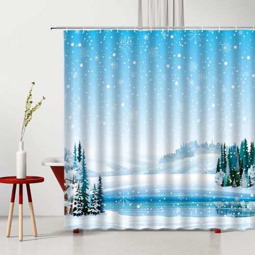 Winter Snowflake Printed Shower Curtain White Snow Covered Forest Pine Tree Pattern Polyester Bathroom Decor Bathtub Screen Set