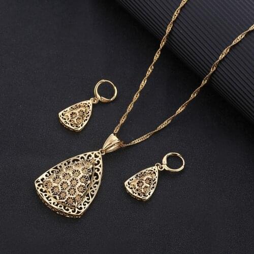 24K Gold Color Eritrea Habesha Women Party African Jewelry Set Ethiopian Pendant Necklace Earrings