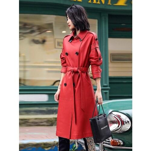 Lautaro Long red leather trench coat for women Plus size faux leather coat women Runway fashion 2020 Spring coat for women 7xl