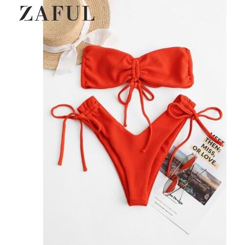 ZAFUL Bright Orange Textured Cinched High Leg Bikini Swimwear For Women Sexy Halter Bralette Bikini Sets Two Pieces Swimsuits