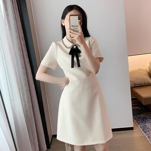 Runway Designer Summer Fashion Office Lady Peter Pan Collar Short Dress Womens Short Sleeve Beaded Diamond Slim A Line Dresses