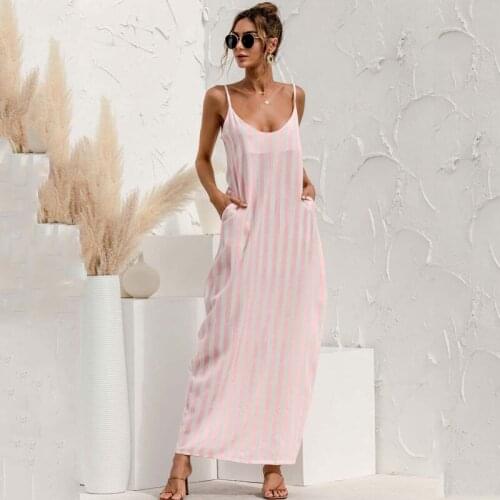 2021 Summer Women Maxi Striped Dress Ladies Loose Backless Spaghetti Strap Sleeveless Dress Casual Holidays Beach Vestidos Femme