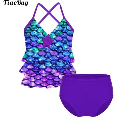 2021 Summer 2Pcs Kids Girls Tankini Swimmwear Mermaid Scales Printed Starfish Bikini Swimsuit Bathing Suit Set Tops With Bottoms