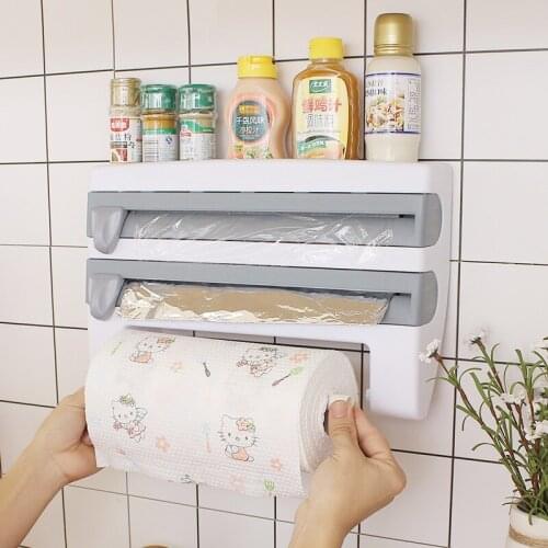 Paper towel storage rack kitchen film storage box 4 in1 multifunctional wall-mounted paper towel roll rack household storage bag
