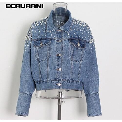 ECRURANI Blue Casual Patchwork Jacket For Women Lapel Collar Long Sleeve Pockets Button Jackets Female Fashion Clothing 2021 New
