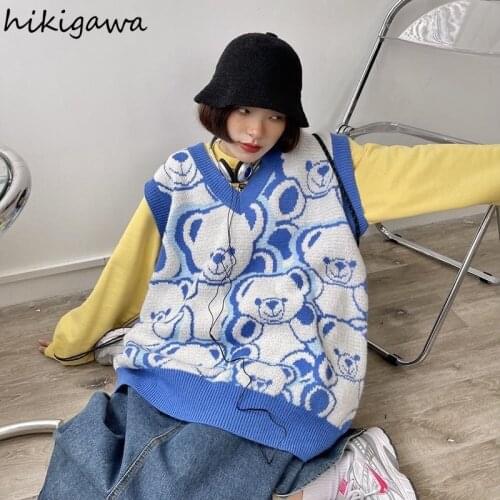 Hikigawa Chic Oversized Tops Korean Sweater Vest Cute Bear Knitted Waistcoat 2021 Fall Clothing BF Streetwear Fashion Tank