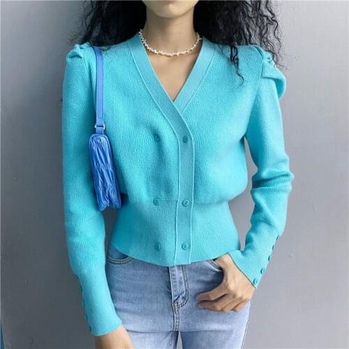 Elegant Knitted Cardigan Women 2020 New V-Neck Double Breasted Puff Sleeve Cardigans Sweater Coat Ladies Knitwear