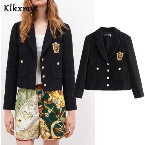 Klkxmyt Za Women 2021 Fashion Double Breasted Black Blazer Coat Vintage Long Sleeve Pockets Female Outerwear Chic Veste Femme