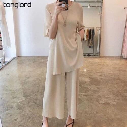 Ice Silk Suits Summer Women Short Sleve Tops And Long Pants Knitted Two Piece Suit Female Solid Loose Sweater Pullover Trousers