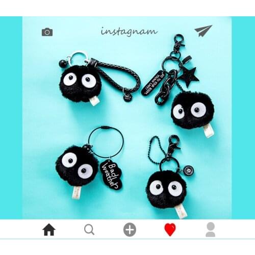 Cute Small Black Charcoal Ball Pendant Plush Key Chain Wizard Keychain Cute Plush Ball Keyrings Pendant for Women Bag Jewelry