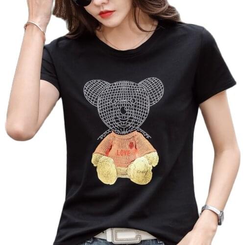Lovely Diamond Bear 2021 Cotton Summer T-Shirts Women Rhinestone Creative Printing Short Sleeve Tshirt Shiny O-Neck Fashion Tops