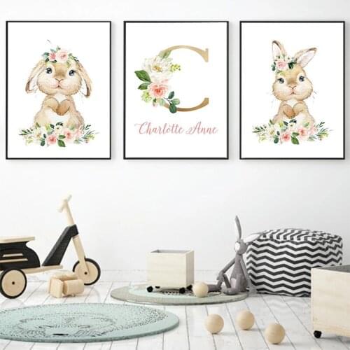 Cartoon Animal Rabbit Canvas Painting Custom Name Posters and Prints Nursery Flower Art Picture Print Baby Room Wall Decoration