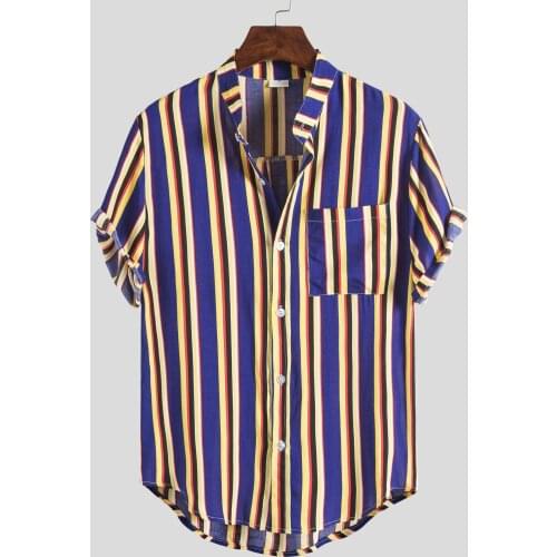 2020 Mens Fashion Contrast Stripe Thin Short Sleeve Casual Versatile Lapel Shirt