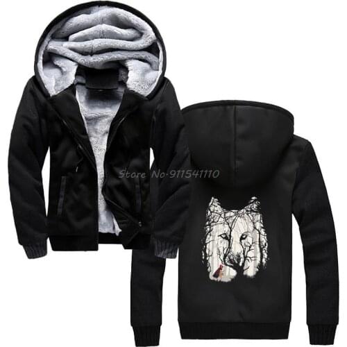 Little Red Woods Run Cloth Print Oversize hoodie Wolf Romantic Horror Men Winter Thicken Hooded Hoodies Sweatshirt Streetwear