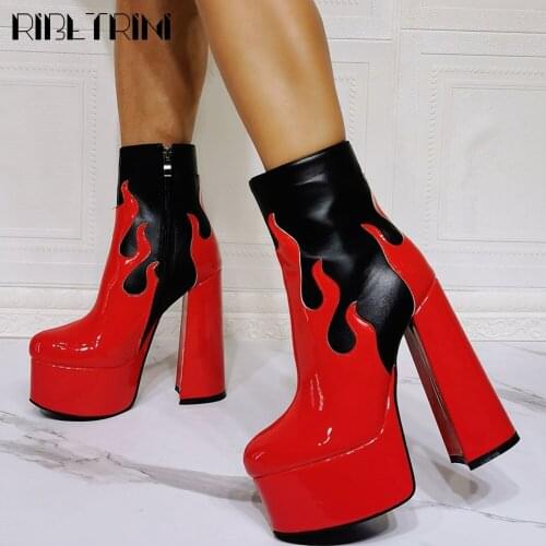 New Arrivals Brand Fashion Luxury Designer womens Boots Flame Block Heels Platform Punk Casaul Party Zipper Boots For Women