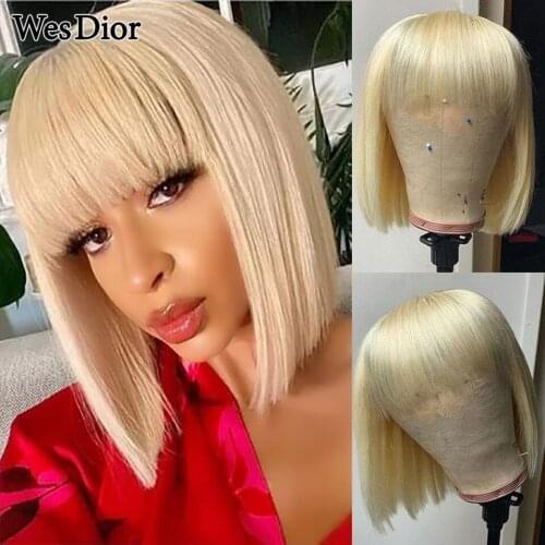 Colored Straight Short Bob Wig With Bangs Brazilian 613 Blonde Short Human Hair Wigs For Women Full Machine Made Wigs Remy Hair