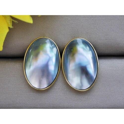 Z11107 22mm Blue Egg-Hemisphere Mabe Pearl Stud Earring Plating 925silver