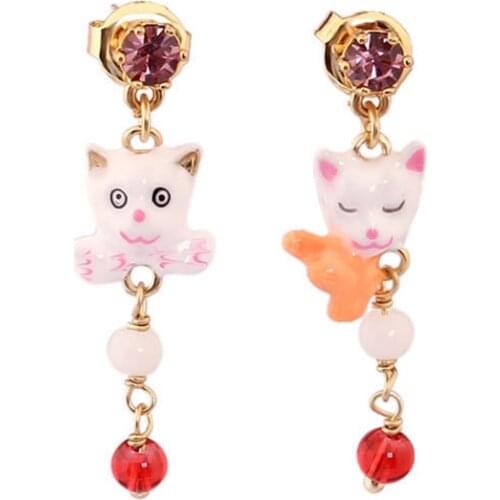 European and American New Cartoon Anime Earrings Female Cute Animal White Cat Tassel Stud Earrings No Pierced Ear Clip Earrings
