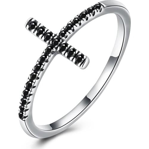 SILVERHOO 925 Sterling Silver Religious Cross Vintage Rings For Women Personality Black Cubic Zirconia Ring Unisex Fine Jewelry