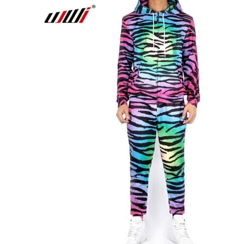 UJWI Colorful Stripes Zebra 3D Print Sweatshirt Pants Men Couple Tracksuit Hoodie + Trousers Combo 2 Piece Set Suit Dropshipping