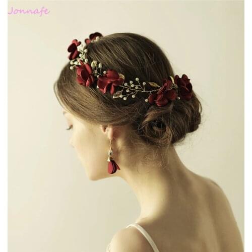 Jonnafe Handmade Red Flower Women Headband Tiara Gold Wedding Hair Accessories Bridal Headwear Pearls Hair Jewelry